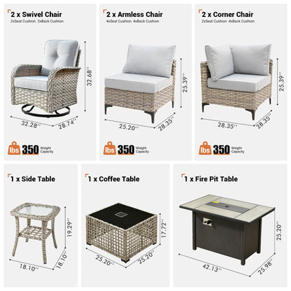 OVIOS Ensemble de 9 pièces en rotin pour extérieur avec chaise pivotante et table à feu.