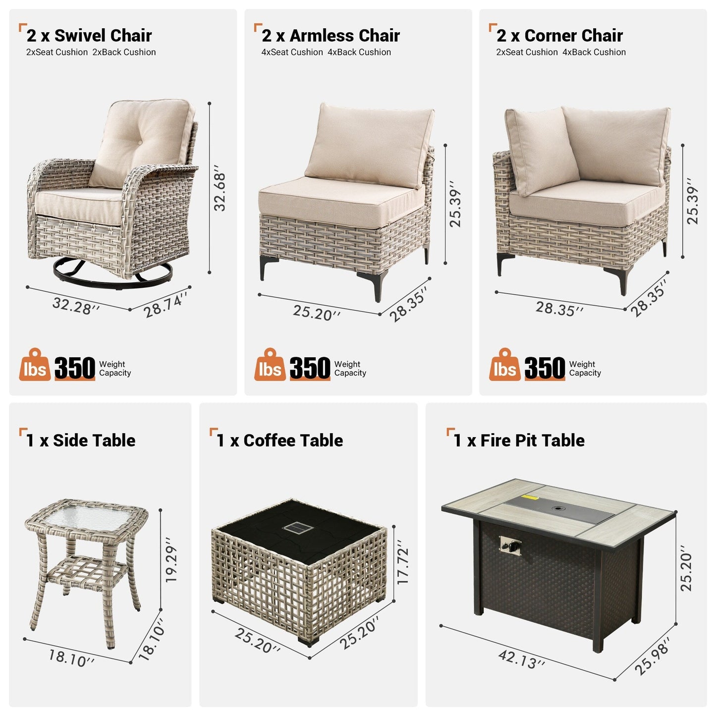 OVIOS Ensemble de 9 pièces en rotin pour extérieur avec chaise pivotante et table à feu.