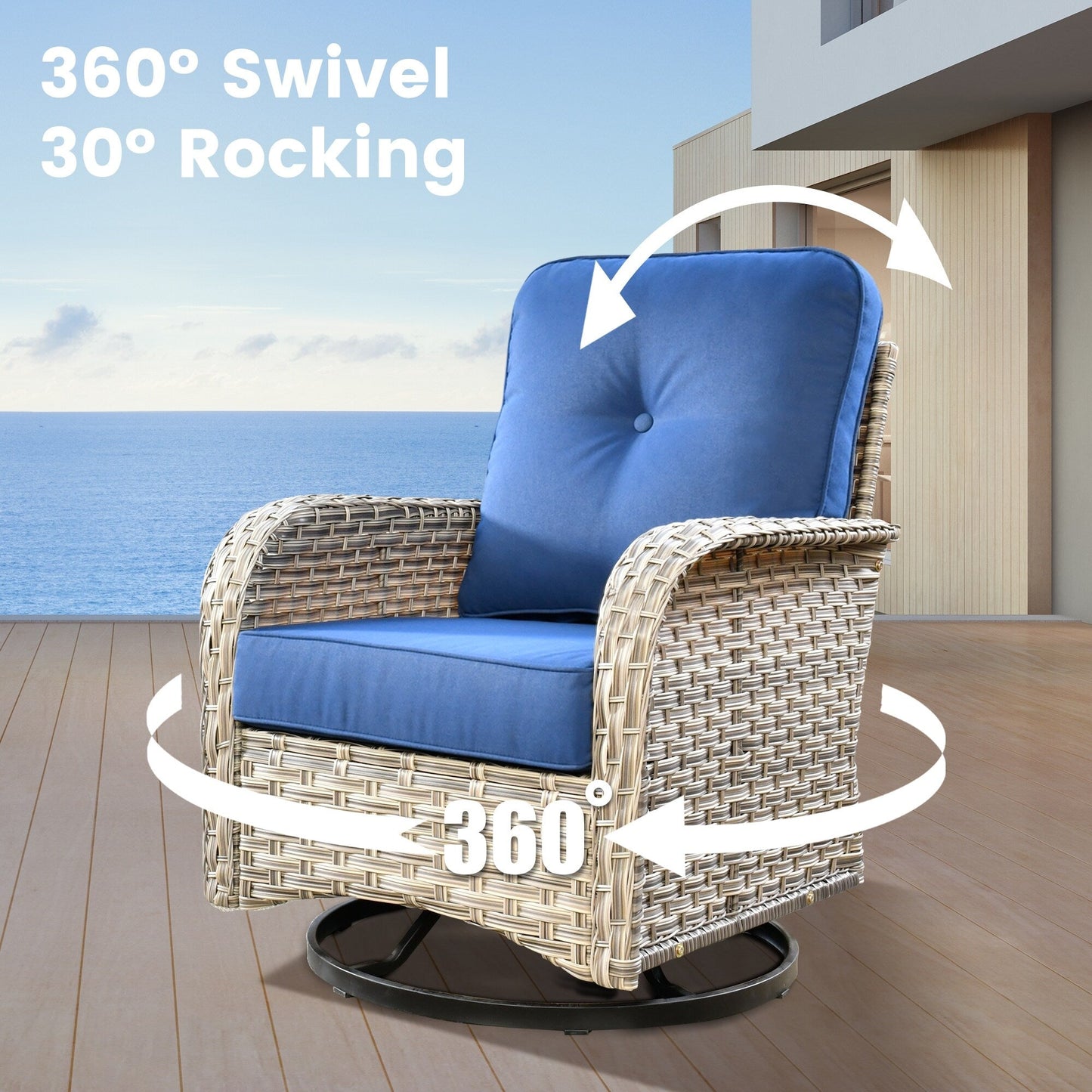 OVIOS Ensemble de 9 pièces en rotin pour extérieur avec chaise pivotante et table à feu.