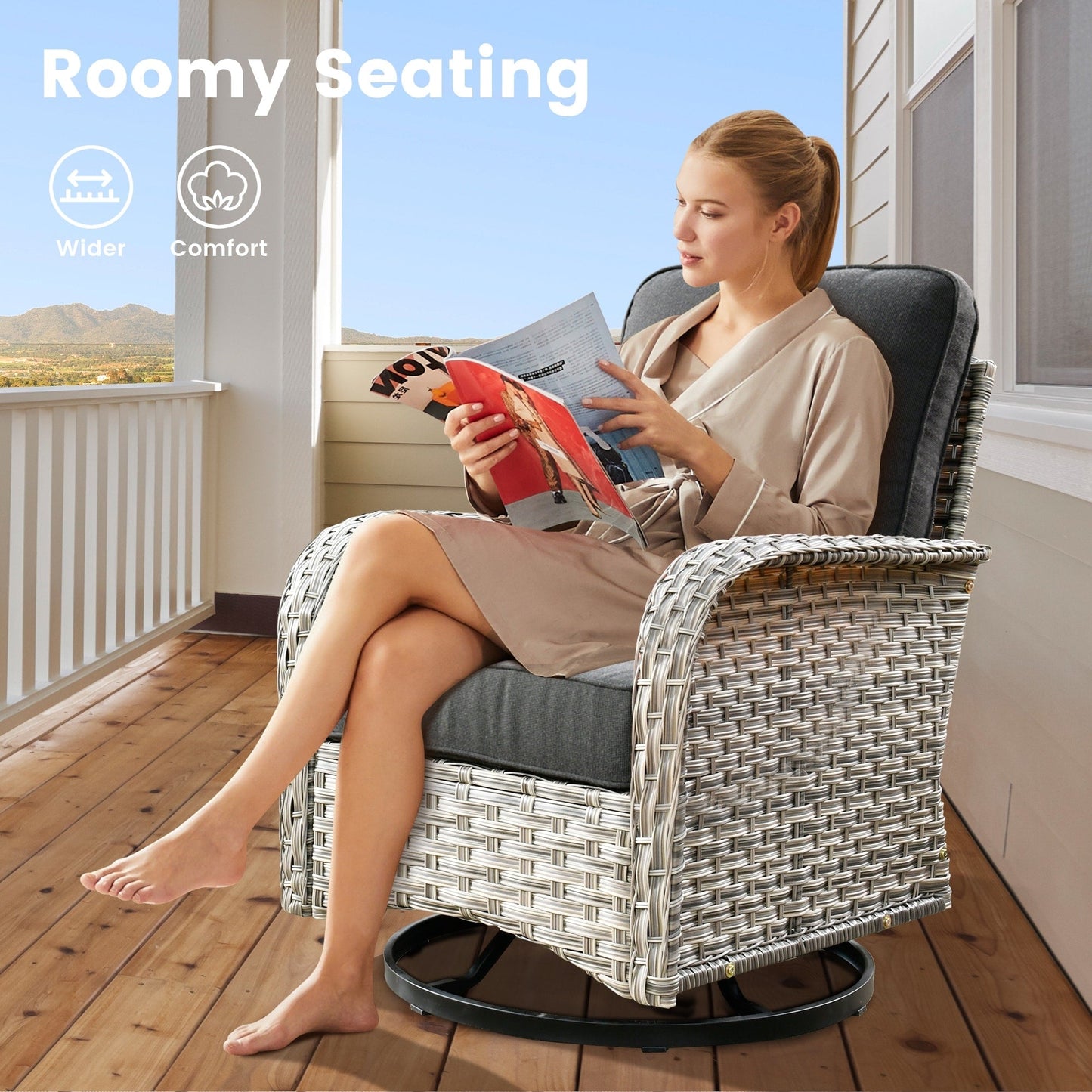 OVIOS Ensemble de 9 pièces en rotin pour extérieur avec chaise pivotante et table à feu.