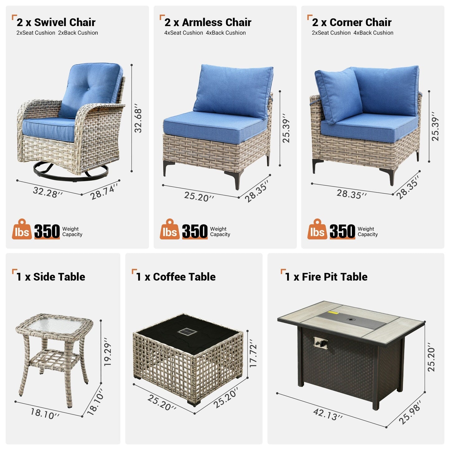 OVIOS Ensemble de 9 pièces en rotin pour extérieur avec chaise pivotante et table à feu.