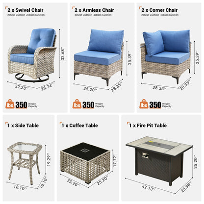 OVIOS Ensemble de 9 pièces en rotin pour extérieur avec chaise pivotante et table à feu.