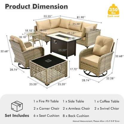OVIOS Ensemble de 9 pièces en rotin pour extérieur avec chaise pivotante et table à feu.