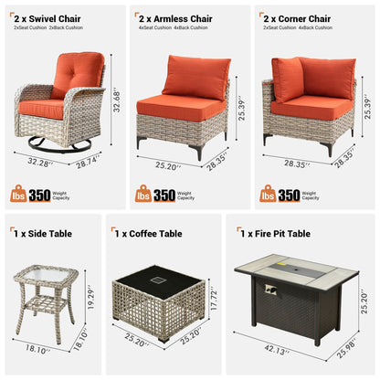 OVIOS Ensemble de 9 pièces en rotin pour extérieur avec chaise pivotante et table à feu.