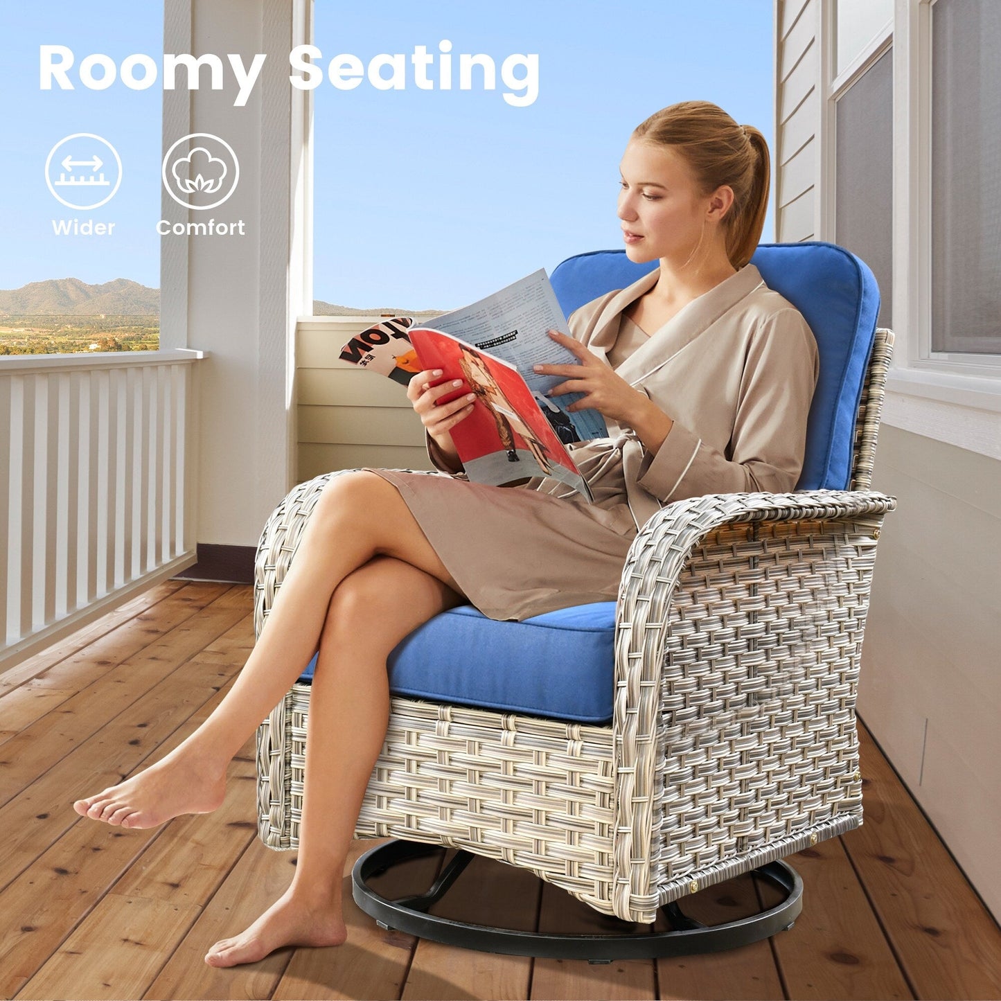 OVIOS Ensemble de 9 pièces en rotin pour extérieur avec chaise pivotante et table à feu.