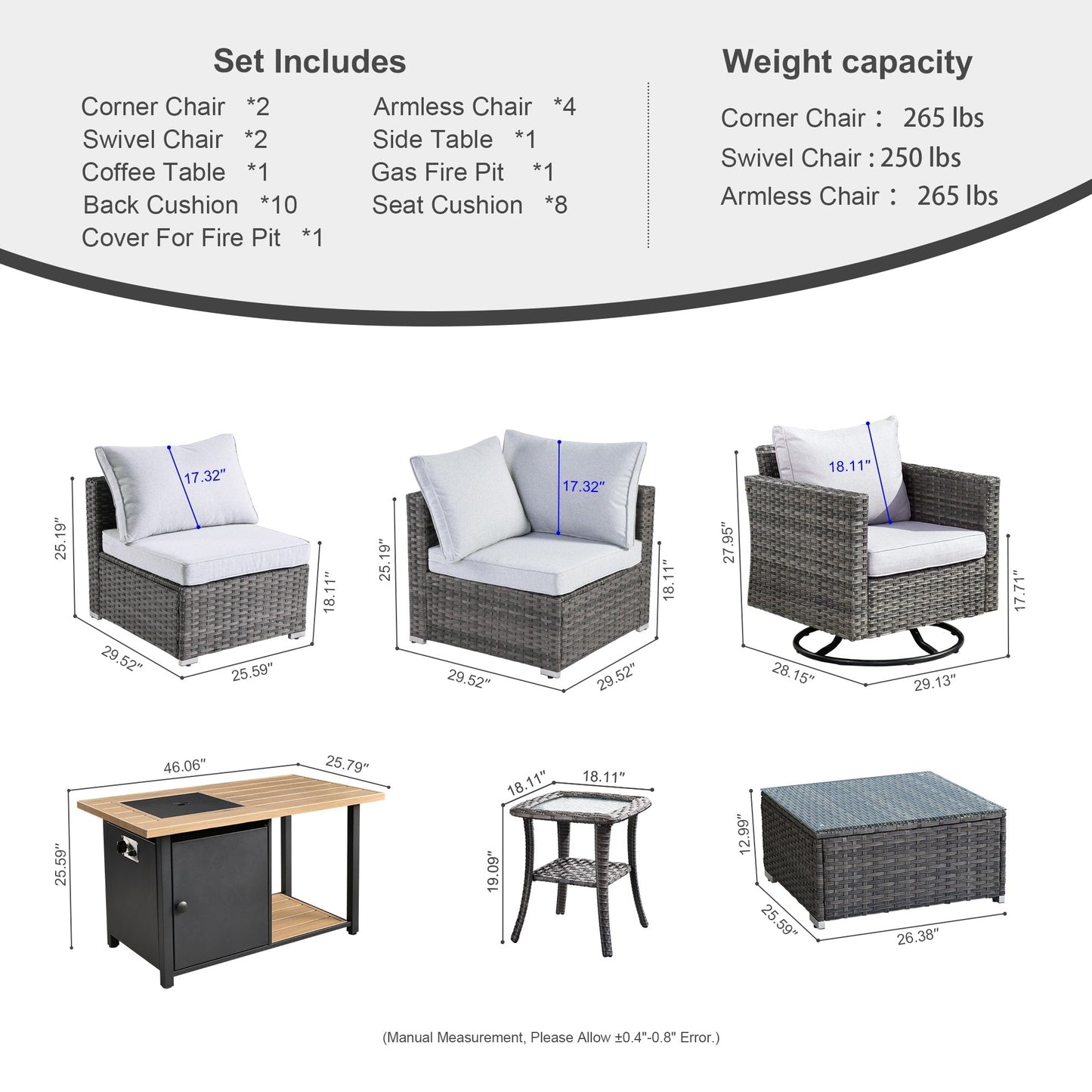 OVIOS Ensemble de salon en osier avec assises profondes, 11 pièces, chaises pivotantes, foyer.
