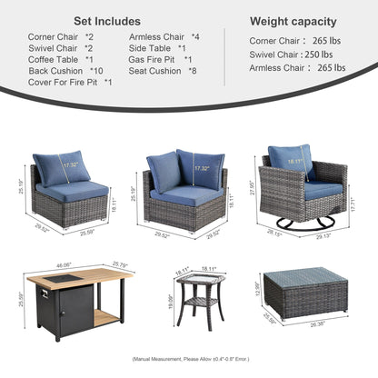 OVIOS Ensemble de salon en osier avec assises profondes, 11 pièces, chaises pivotantes, foyer.