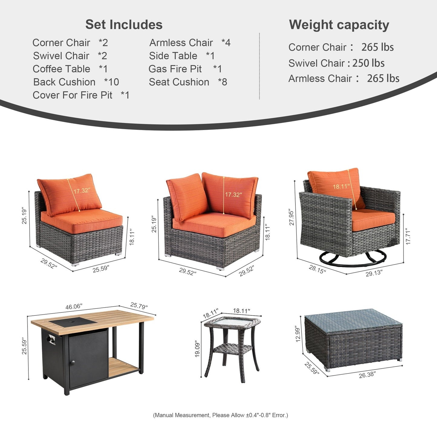 OVIOS Ensemble de salon en osier avec assises profondes, 11 pièces, chaises pivotantes, foyer.