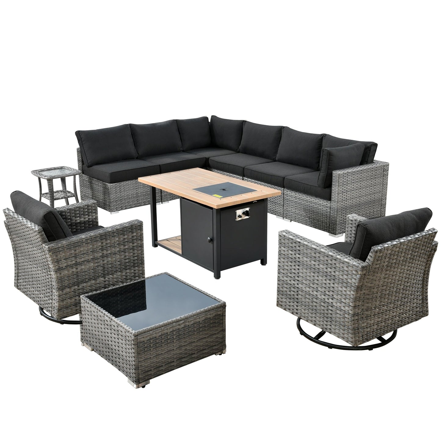 OVIOS Ensemble de salon en osier avec assises profondes, 11 pièces, chaises pivotantes, foyer.