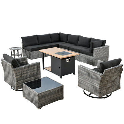 OVIOS Ensemble de salon en osier avec assises profondes, 11 pièces, chaises pivotantes, foyer.