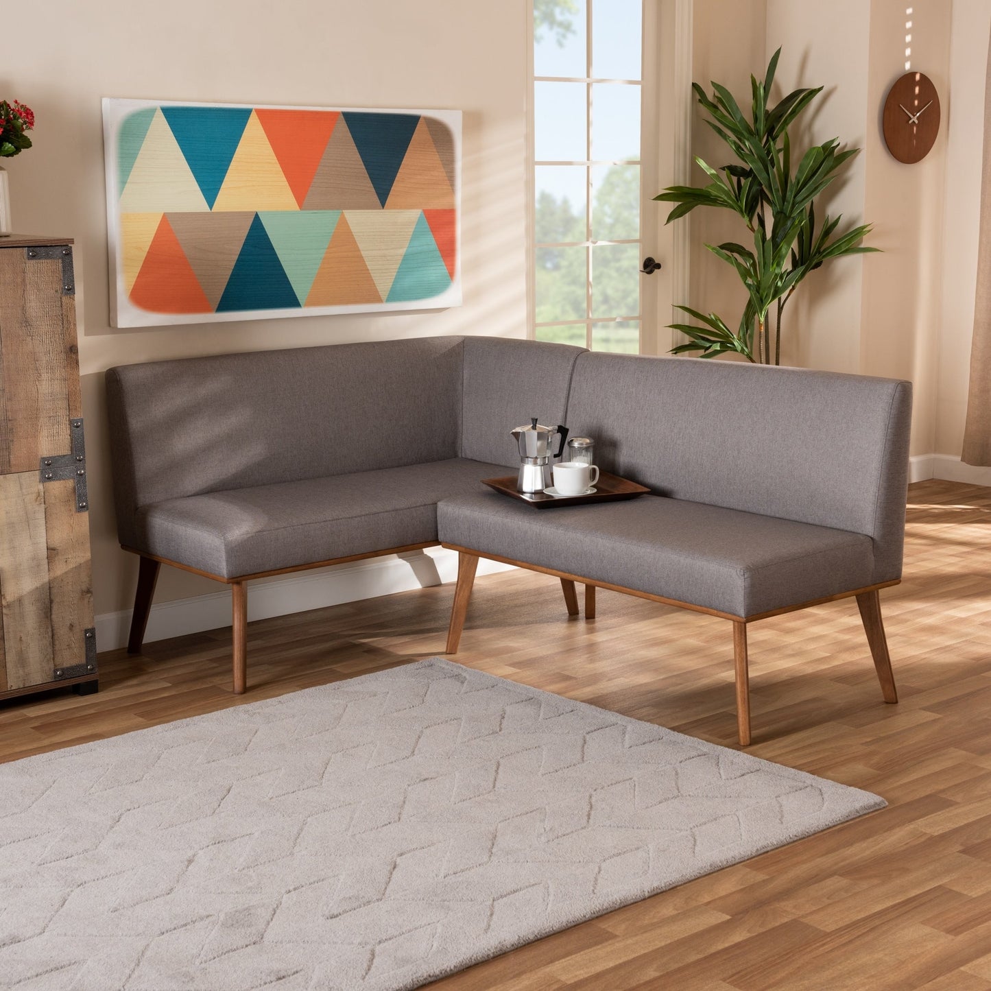 Ensemble banquette de salle à manger 2 pièces en tissu gris Odessa et bois de noyer