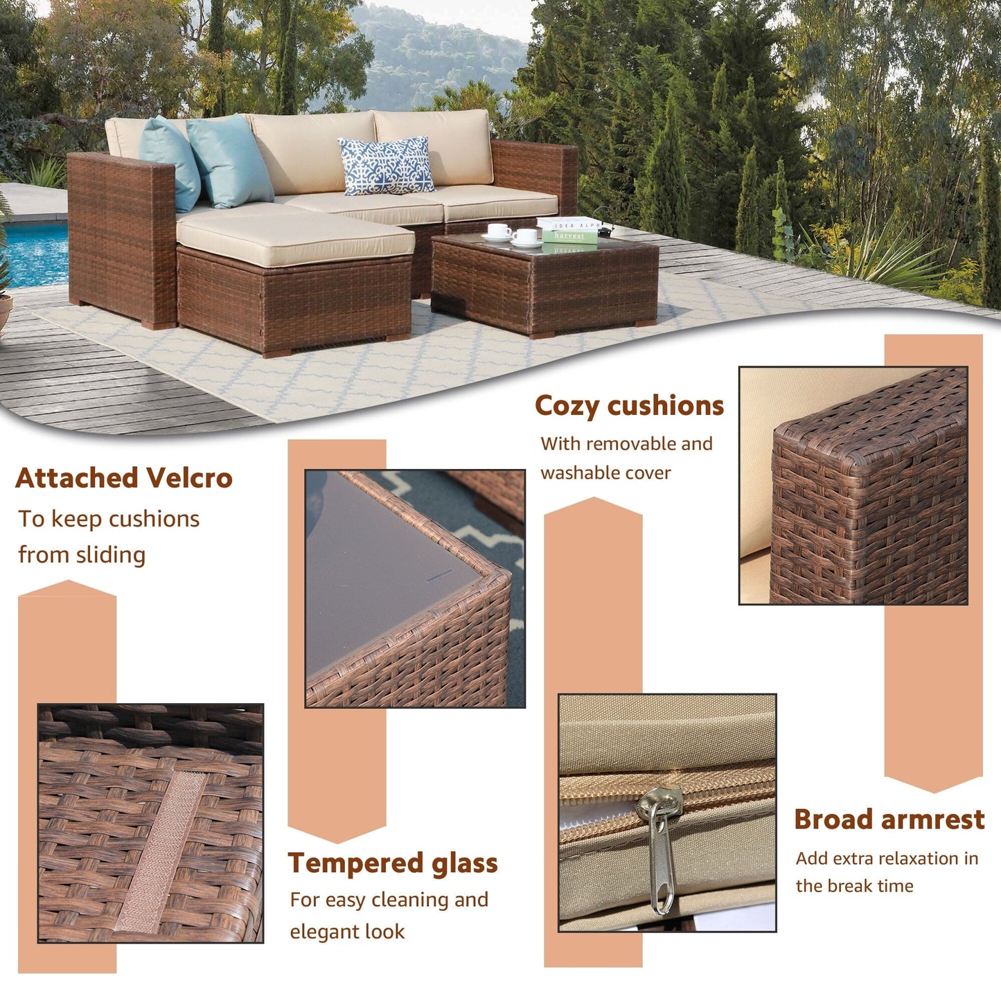 Ensemble de canapé d'extérieur en osier composé de 5 pièces avec coussins