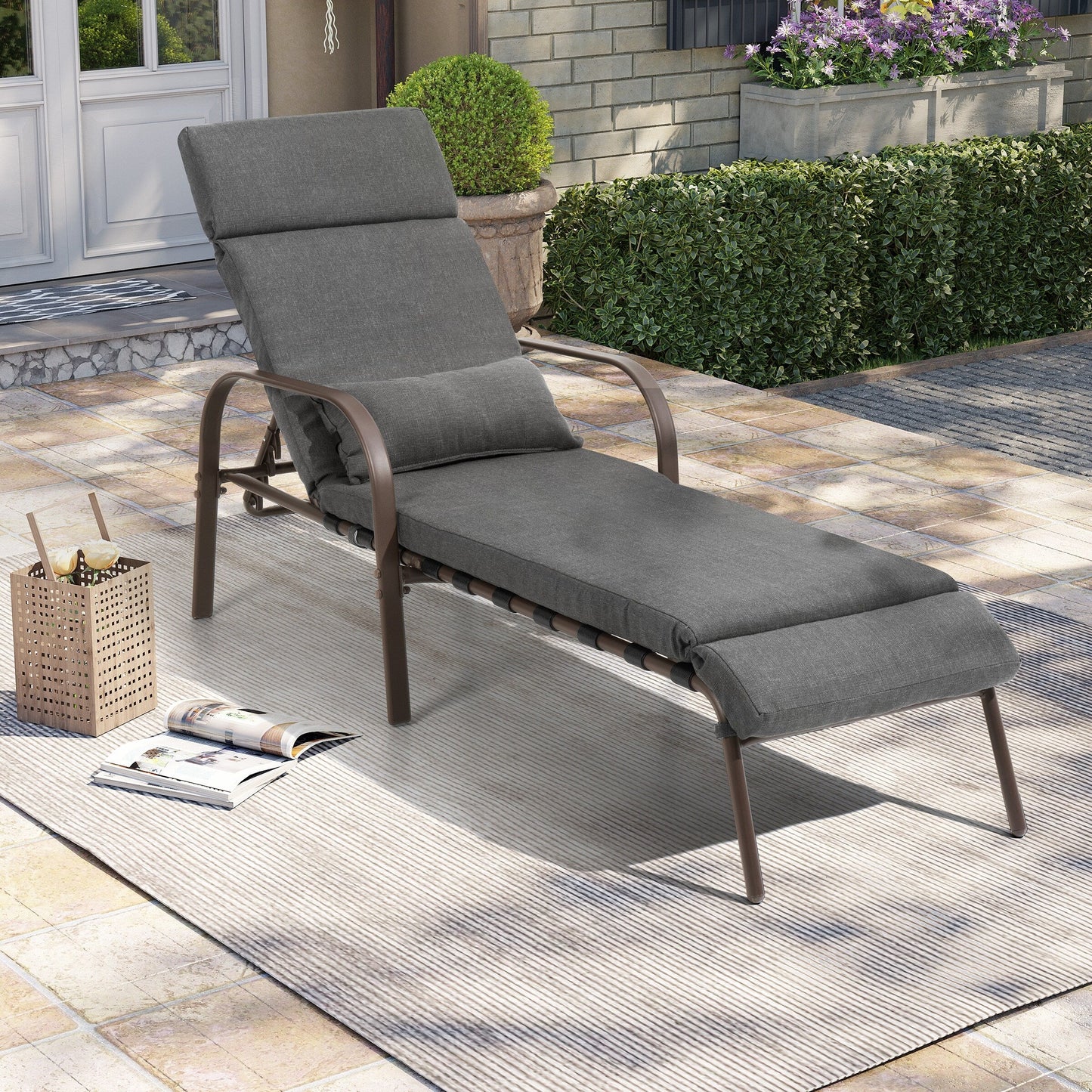 Chaise longue de jardin réglable avec coussin pour extérieur, pour terrasse, plage ou bord de piscine