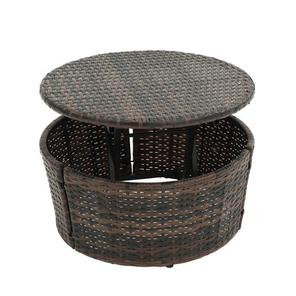 Canapé-lit d'extérieur rond en rotin avec auvent et table basse relevable, canapé-lit profond bleu marine avec coussins lavables et oreillers.