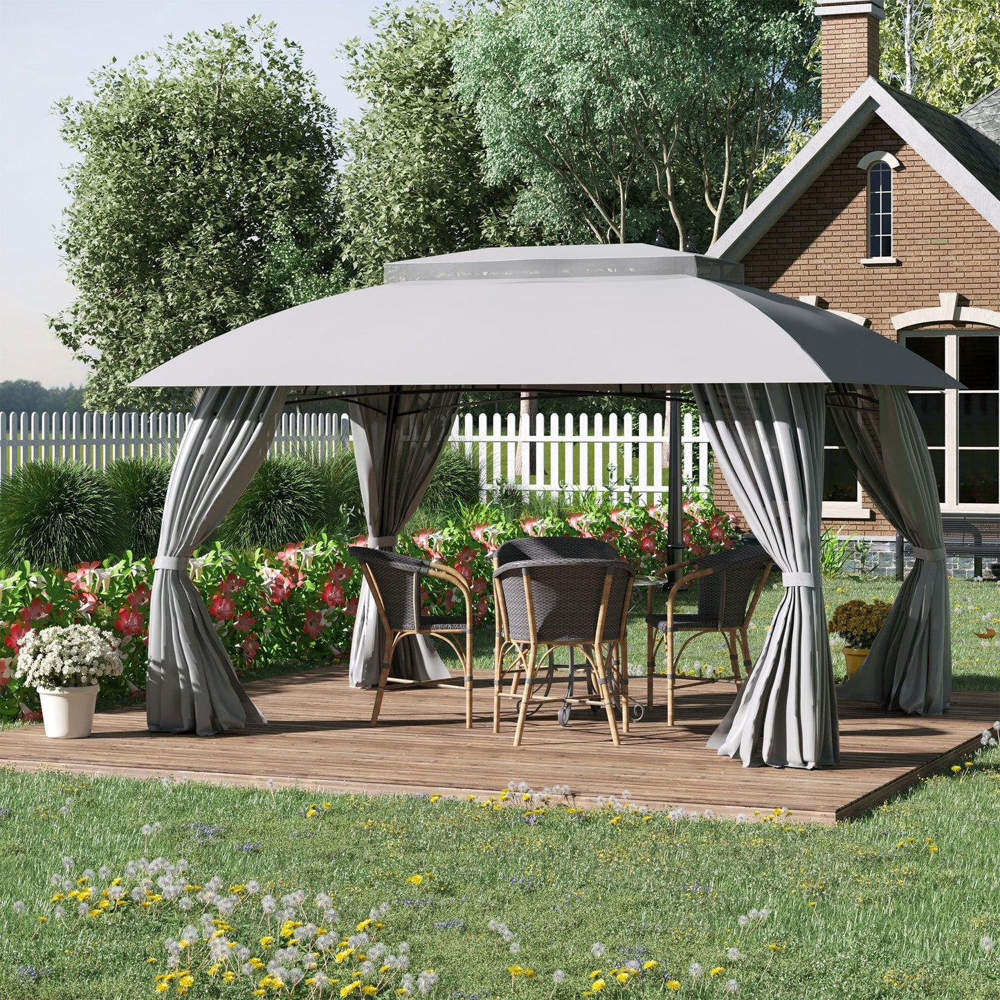Outsunny Gazebo de Patio 3 x 4 m, Abri Extérieur avec Panneaux Lateraux, Toit Doublement Ventilé, Structure en Acier