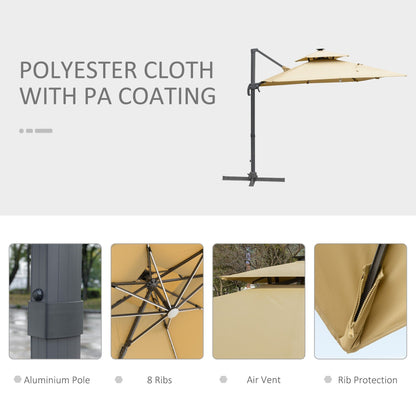 Parasol de terrasse solaire LED Outsunny de 3 m, parasol suspendu déporté avec rotation à 360°, base en croix, 8 baleines, inclinable et à manivelle