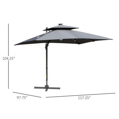 Parasol de terrasse solaire LED Outsunny de 3 m, parasol suspendu déporté avec rotation à 360°, base en croix, 8 baleines, inclinable et à manivelle