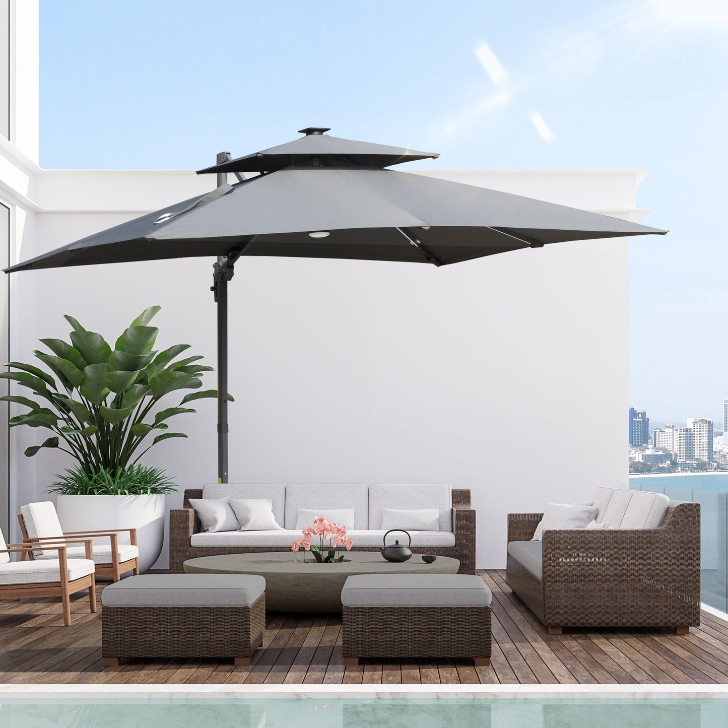 Parasol de terrasse solaire LED Outsunny de 3 m, parasol suspendu déporté avec rotation à 360°, base en croix, 8 baleines, inclinable et à manivelle