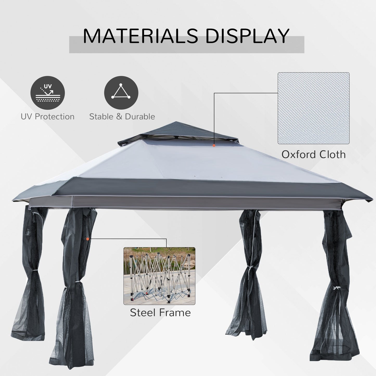 Outsunny Tente instantanée pliable avec auvent pare-soleil à ouverture rapide, 3,6 m x 3,6 m, avec moustiquaire latérale et hauteur réglable sur 3 niveaux.