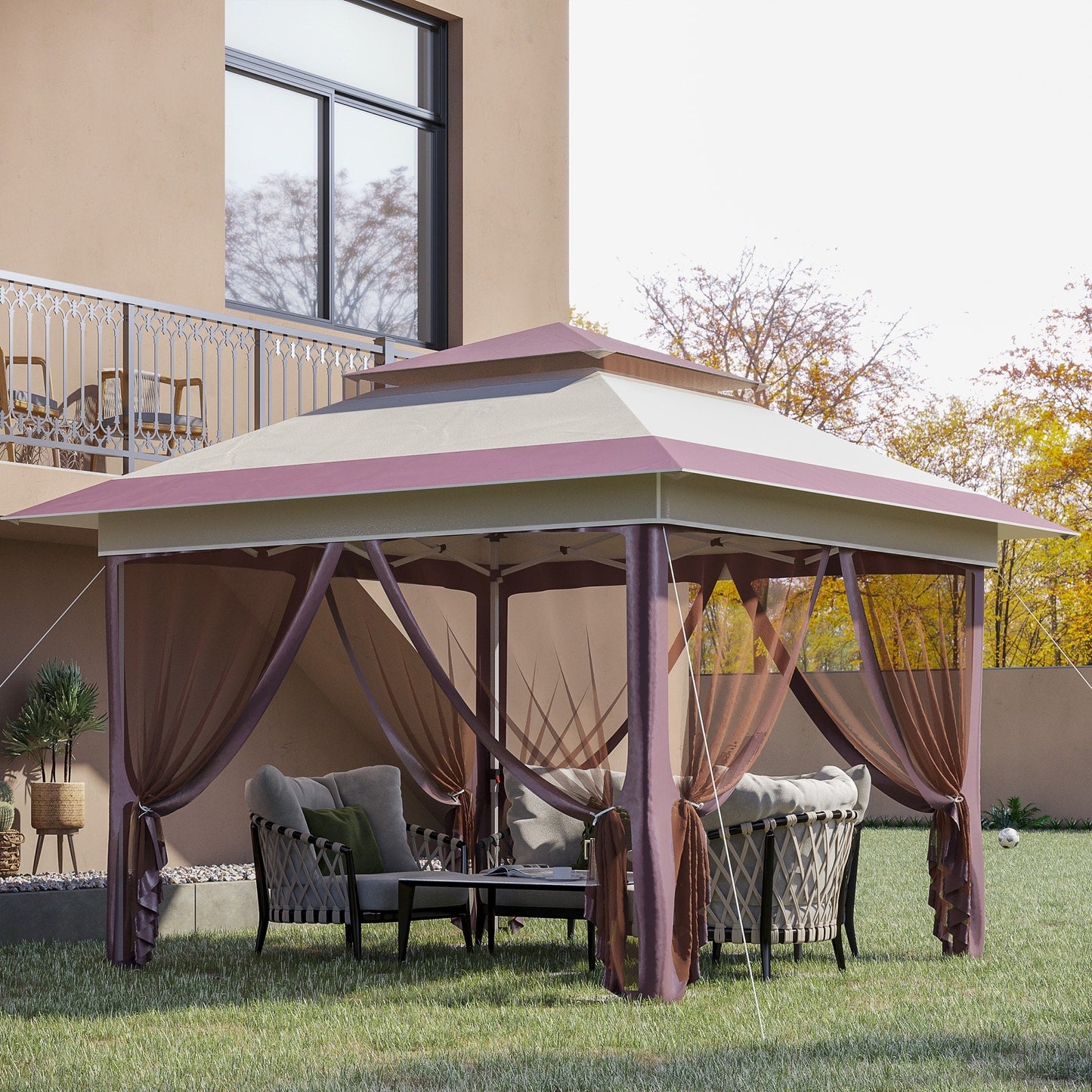 Outsunny Tente instantanée pliable avec auvent pare-soleil à ouverture rapide, 3,6 m x 3,6 m, avec moustiquaire latérale et hauteur réglable sur 3 niveaux.