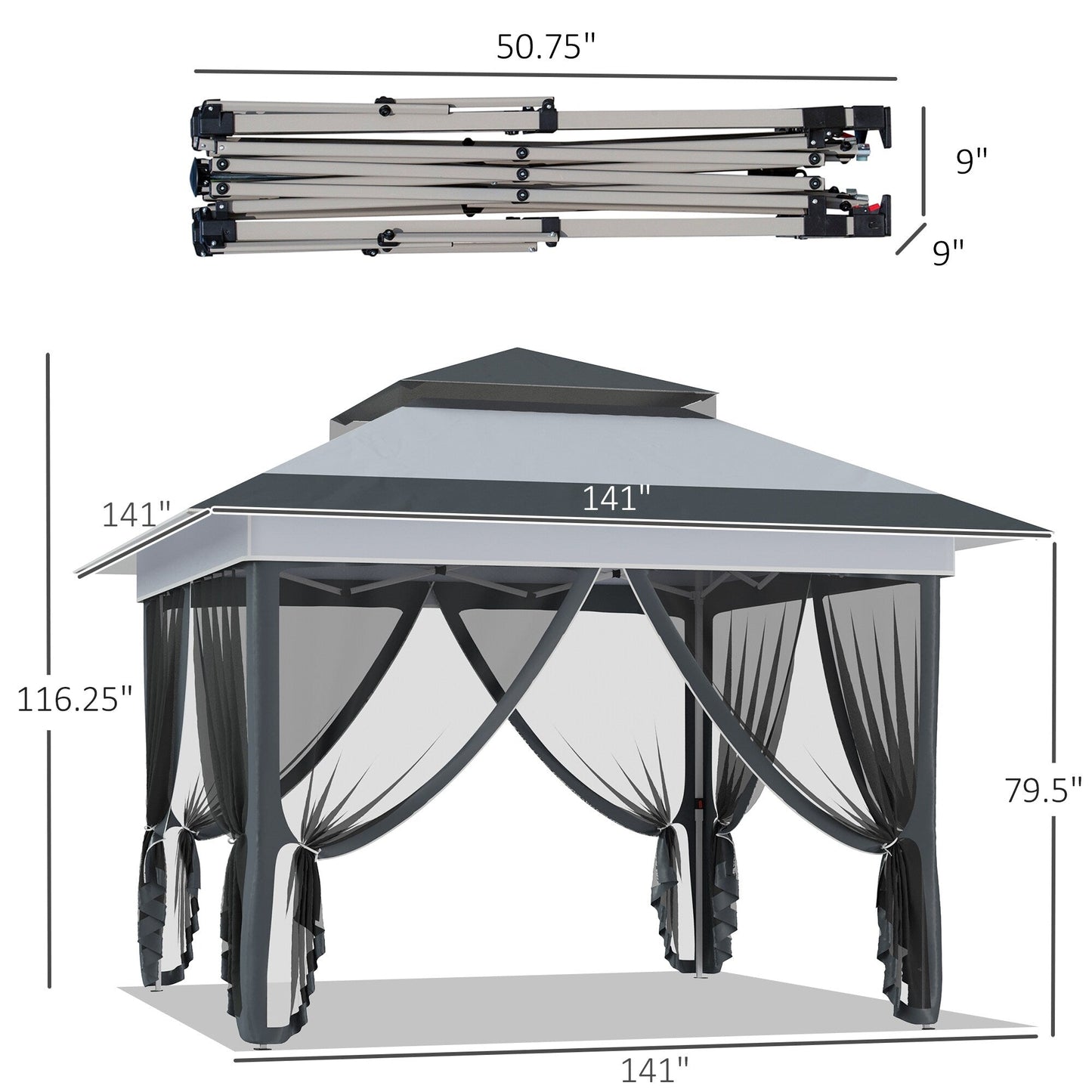 Outsunny Tente instantanée pliable avec auvent pare-soleil à ouverture rapide, 3,6 m x 3,6 m, avec moustiquaire latérale et hauteur réglable sur 3 niveaux.