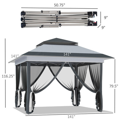 Outsunny Tente instantanée pliable avec auvent pare-soleil à ouverture rapide, 3,6 m x 3,6 m, avec moustiquaire latérale et hauteur réglable sur 3 niveaux.