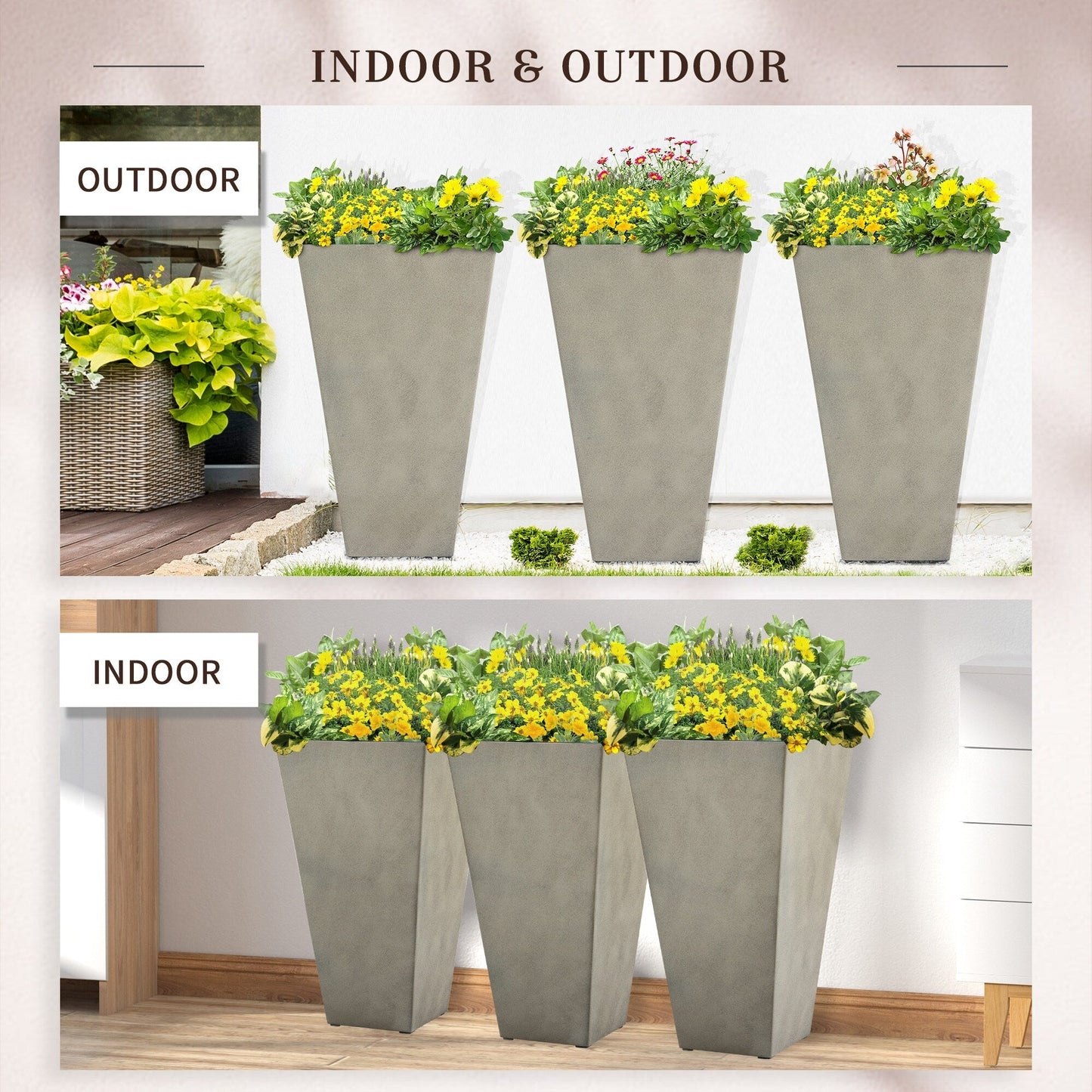 Outsunny Lot de 3 grands pots de fleurs en plastique de 71 cm, jardinières de jardin en plastique pour l'intérieur et l'extérieur, pour entrée, patio, cour