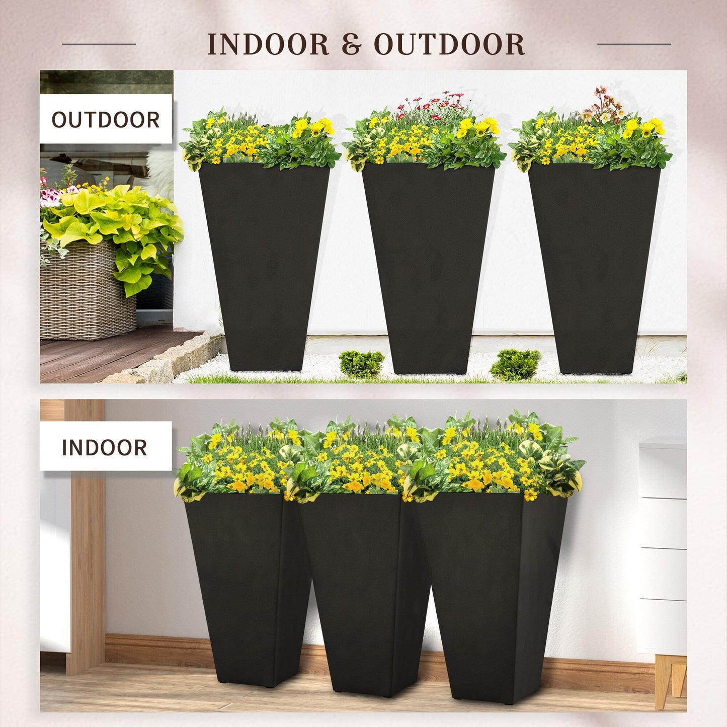 Outsunny Lot de 3 grands pots de fleurs en plastique de 71 cm, jardinières de jardin en plastique pour l'intérieur et l'extérieur, pour entrée, patio, cour
