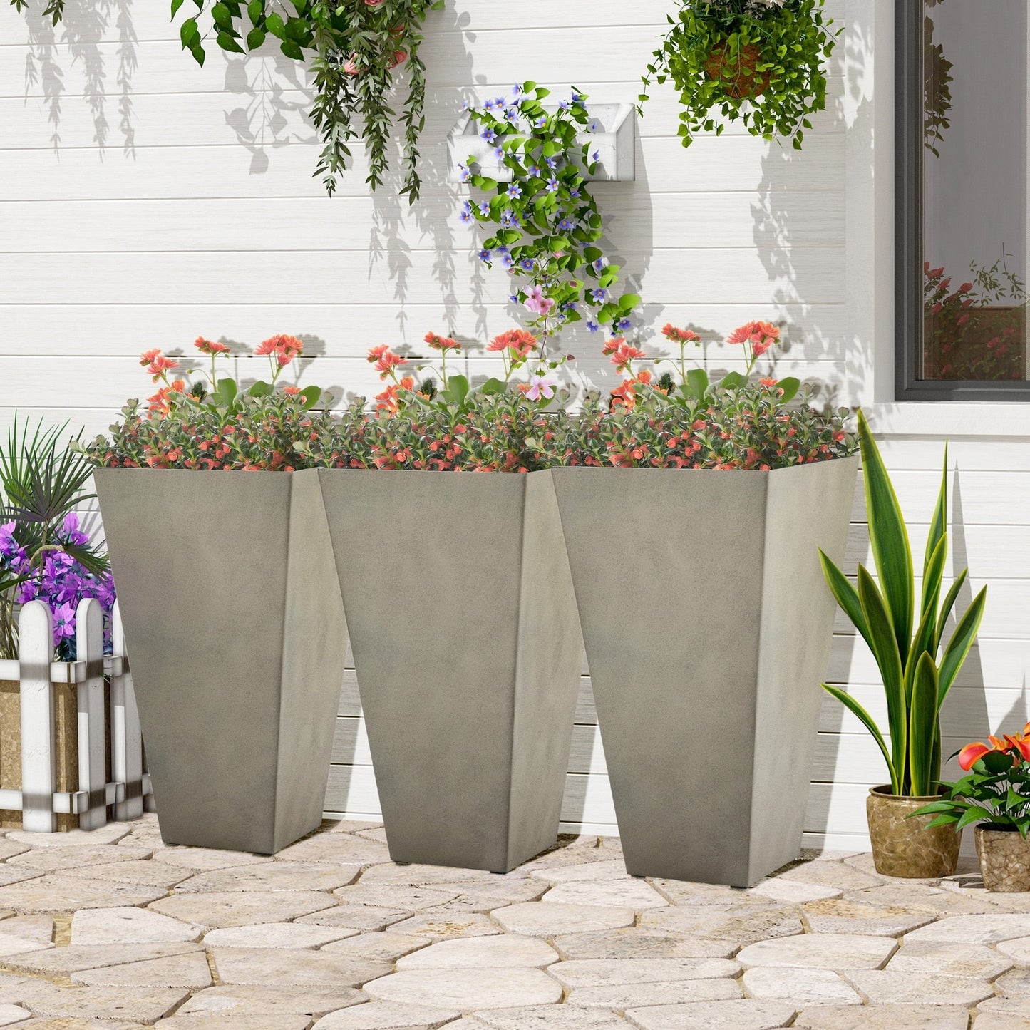 Outsunny Lot de 3 grands pots de fleurs en plastique de 71 cm, jardinières de jardin en plastique pour l'intérieur et l'extérieur, pour entrée, patio, cour