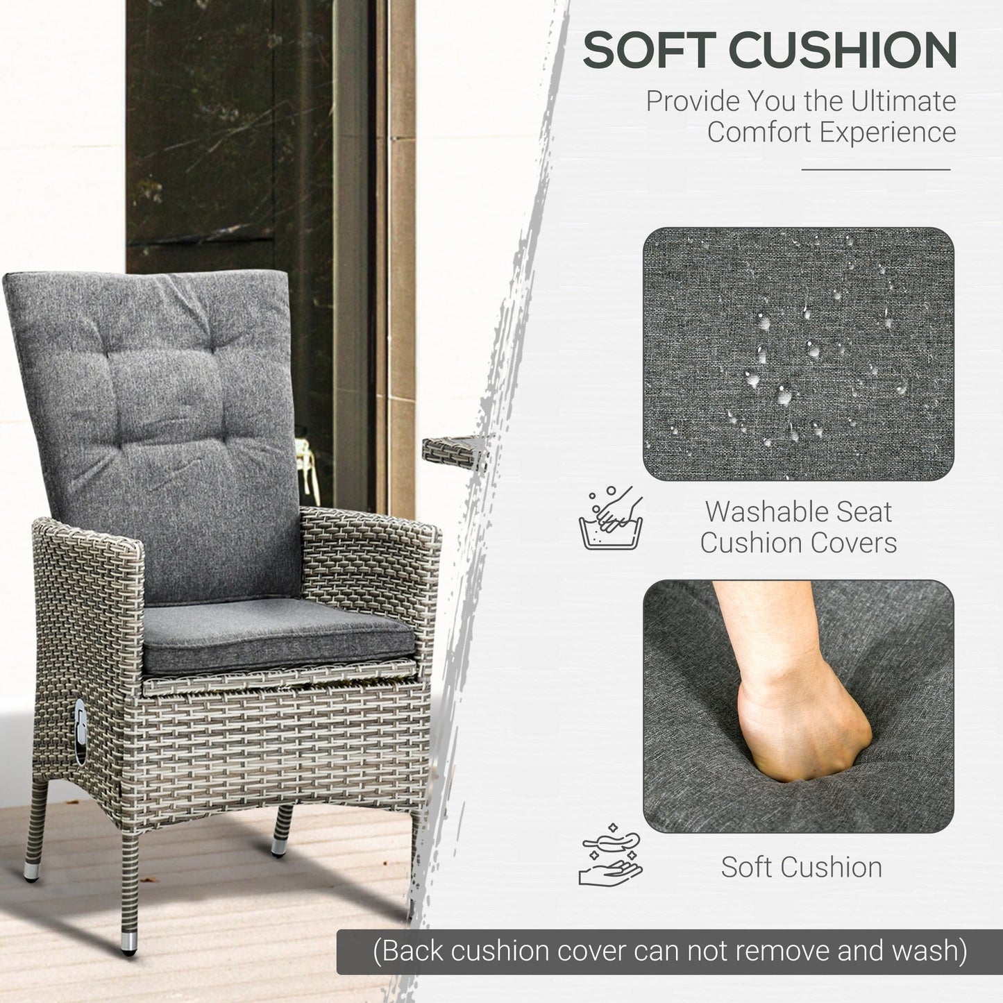 Outsunny Ensemble de canapé en rotin PE pour patio, 3 pièces, chaises inclinables d'extérieur, table basse en plastique imitation bois