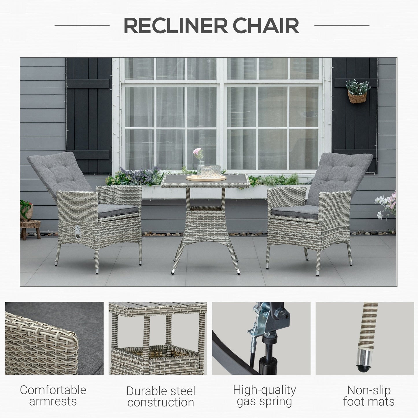 Outsunny Ensemble de canapé en rotin PE pour patio, 3 pièces, chaises inclinables d'extérieur, table basse en plastique imitation bois