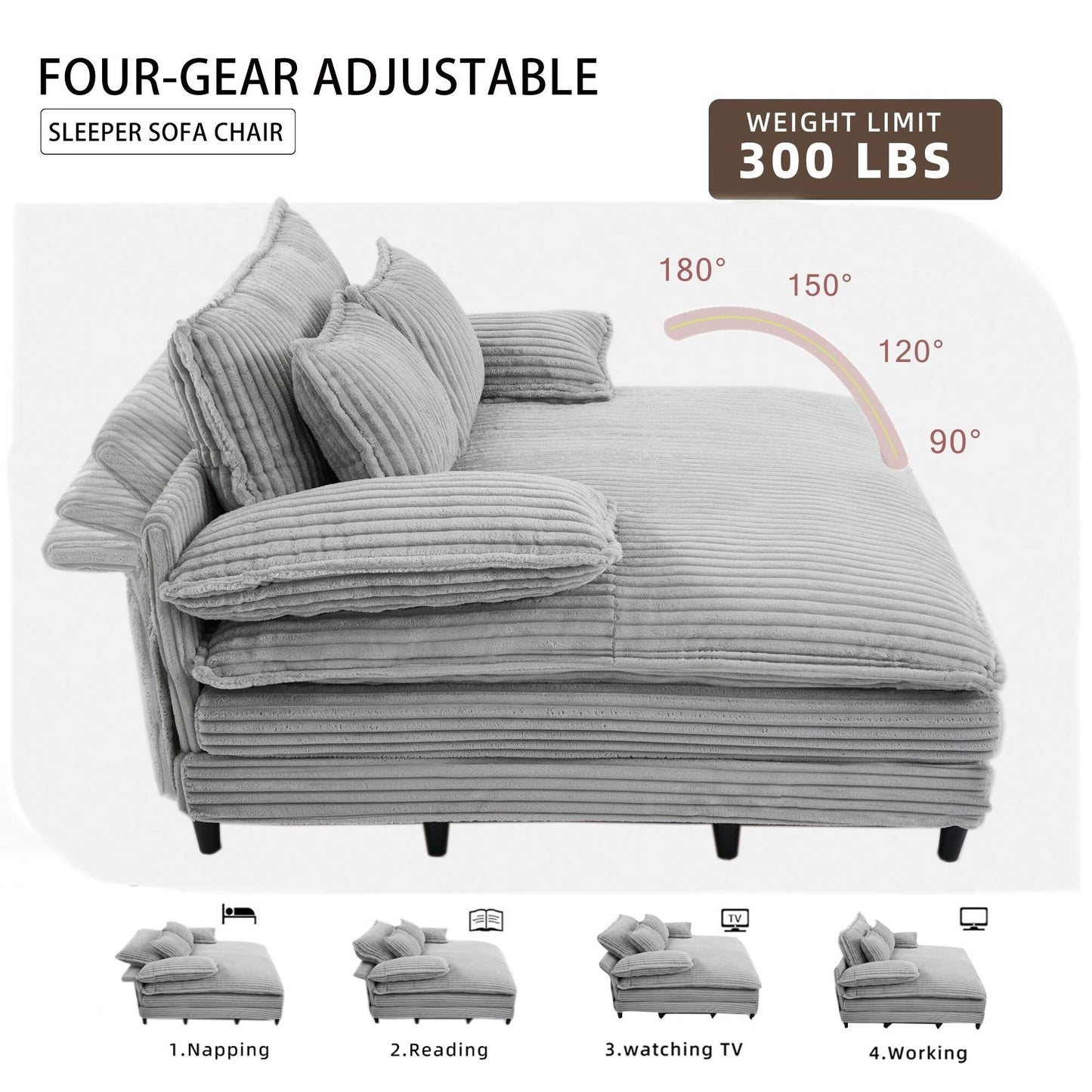 Canapé-lit gigogne en velours côtelé moelleux, taille extra-large, inclinable.