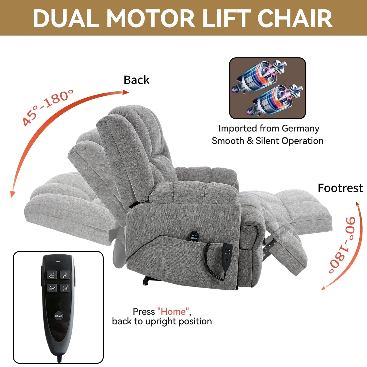 Fauteuil inclinable surélevé en chenille avec massage et chauffage lombaire, inclinaison infinie.