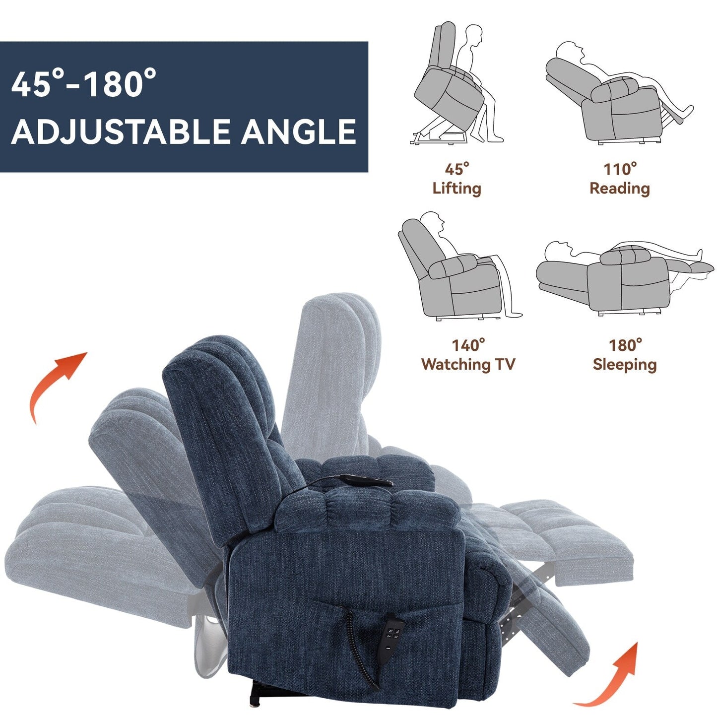 Fauteuil inclinable surélevé en chenille avec massage et chauffage lombaire, inclinaison infinie.