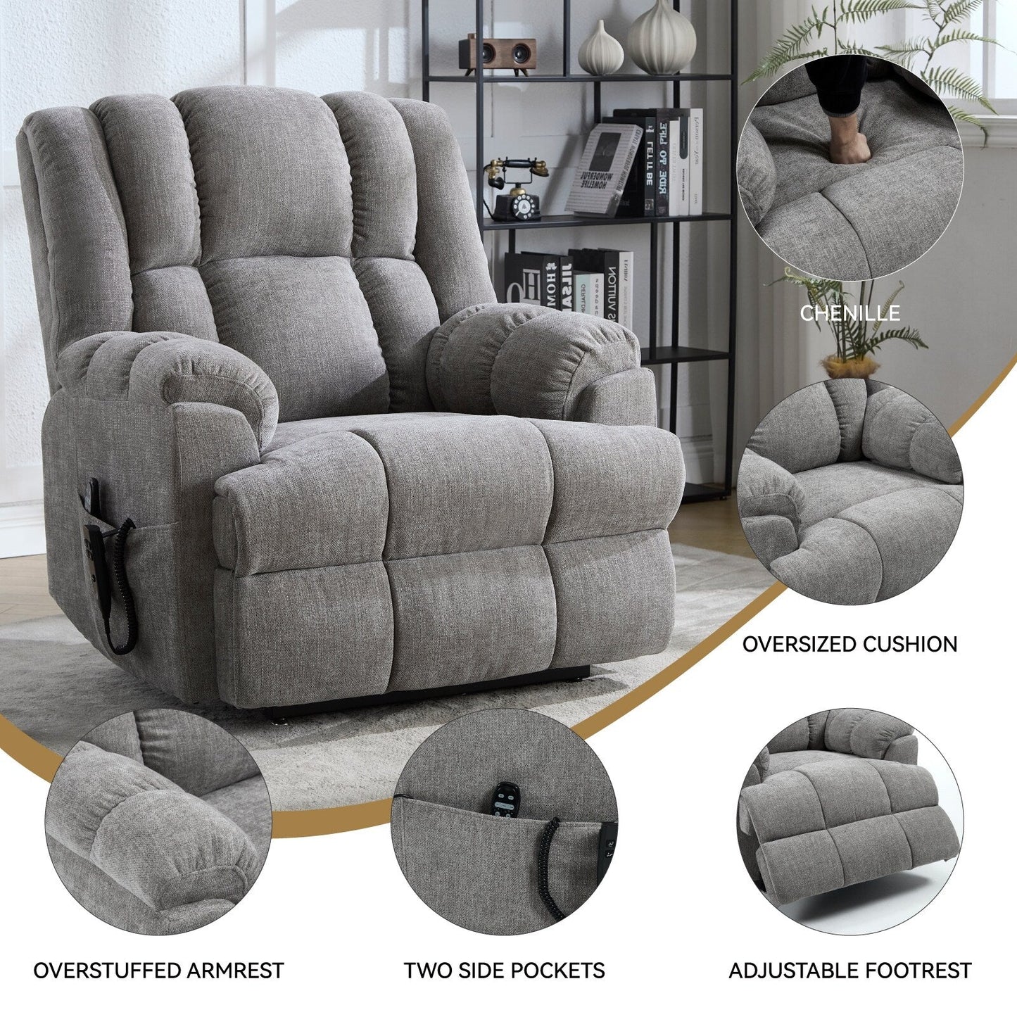 Fauteuil inclinable surélevé en chenille avec massage et chauffage lombaire, inclinaison infinie.