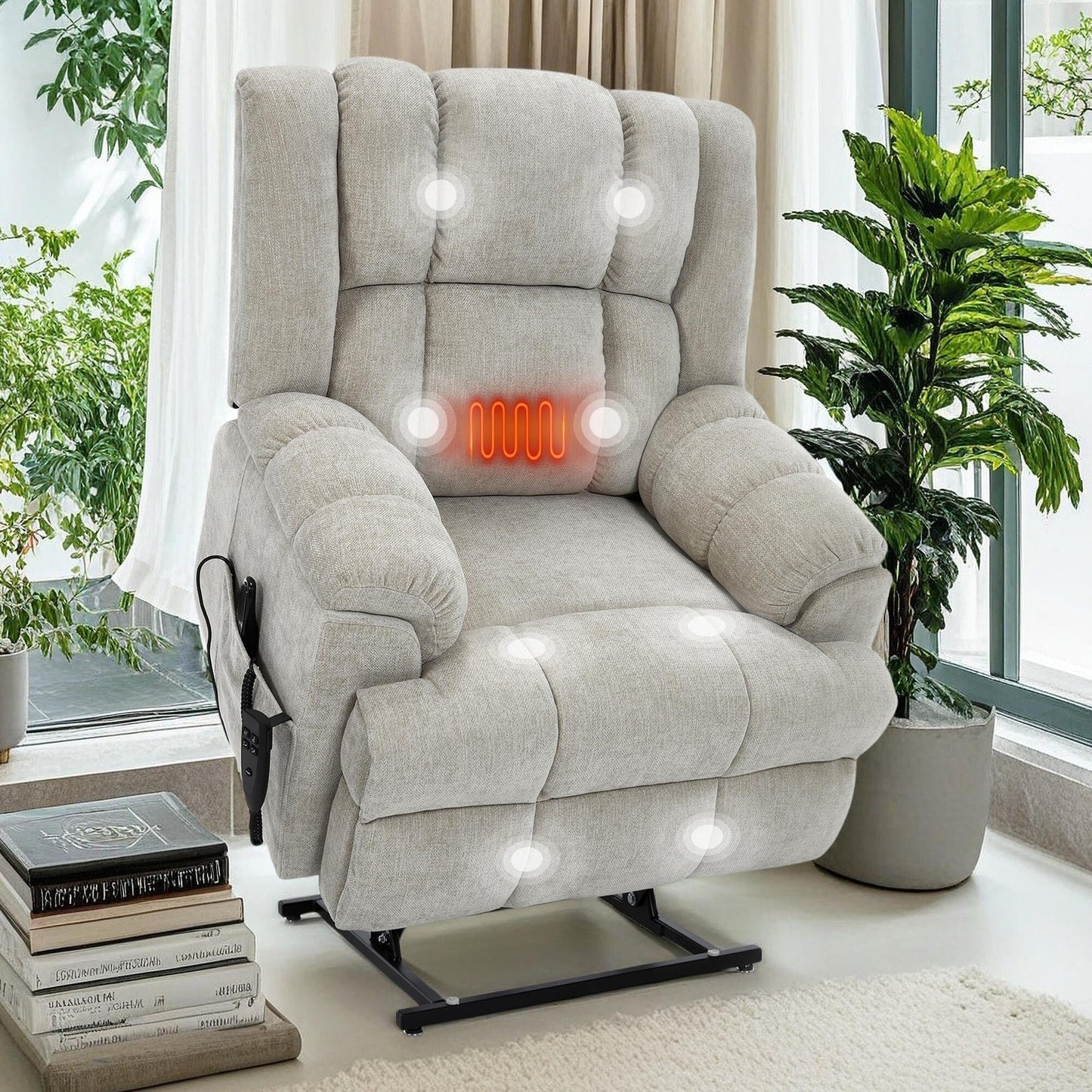 Fauteuil inclinable surélevé en chenille avec massage et chauffage lombaire, inclinaison infinie.
