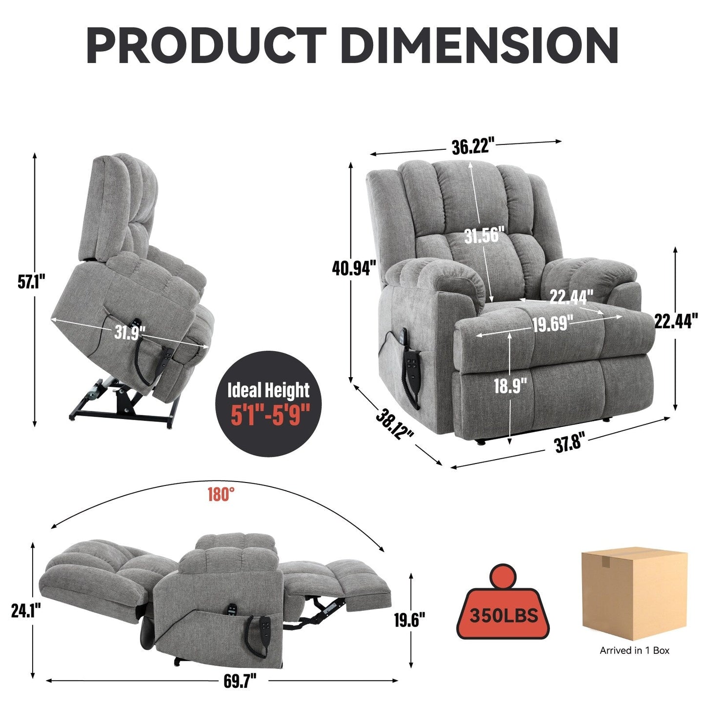 Fauteuil inclinable surélevé en chenille avec massage et chauffage lombaire, inclinaison infinie.