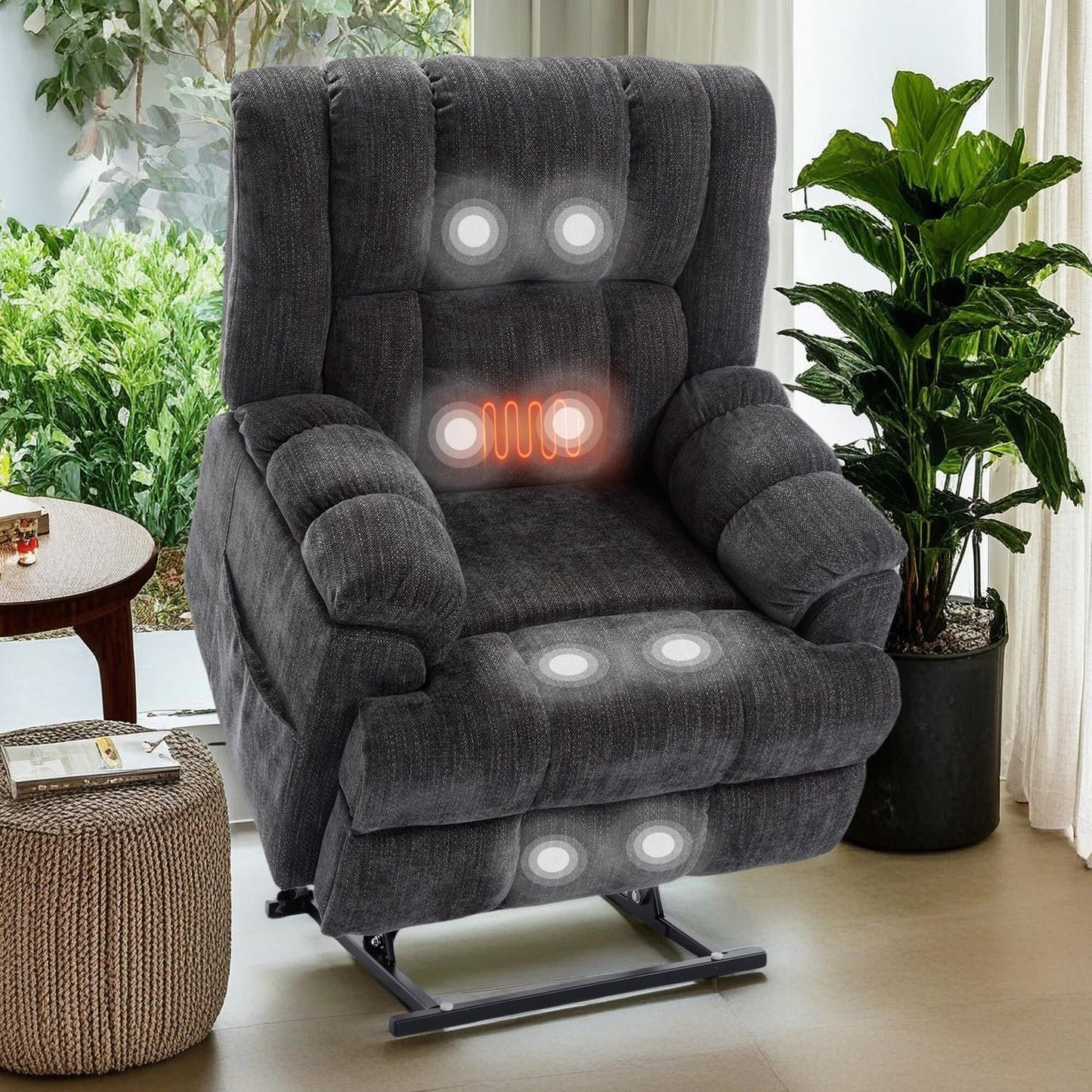 Fauteuil inclinable surélevé en chenille avec massage et chauffage lombaire, inclinaison infinie.