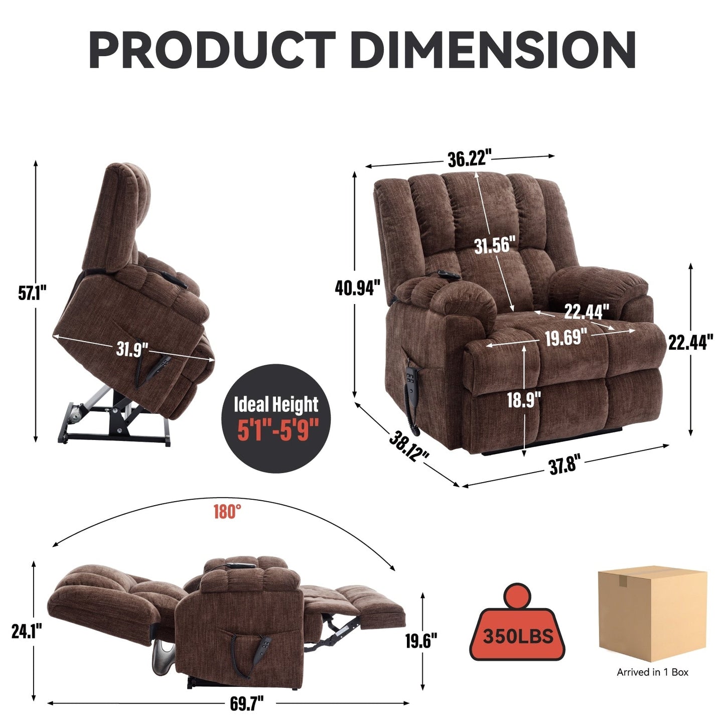 Fauteuil inclinable surélevé en chenille avec massage et chauffage lombaire, inclinaison infinie.