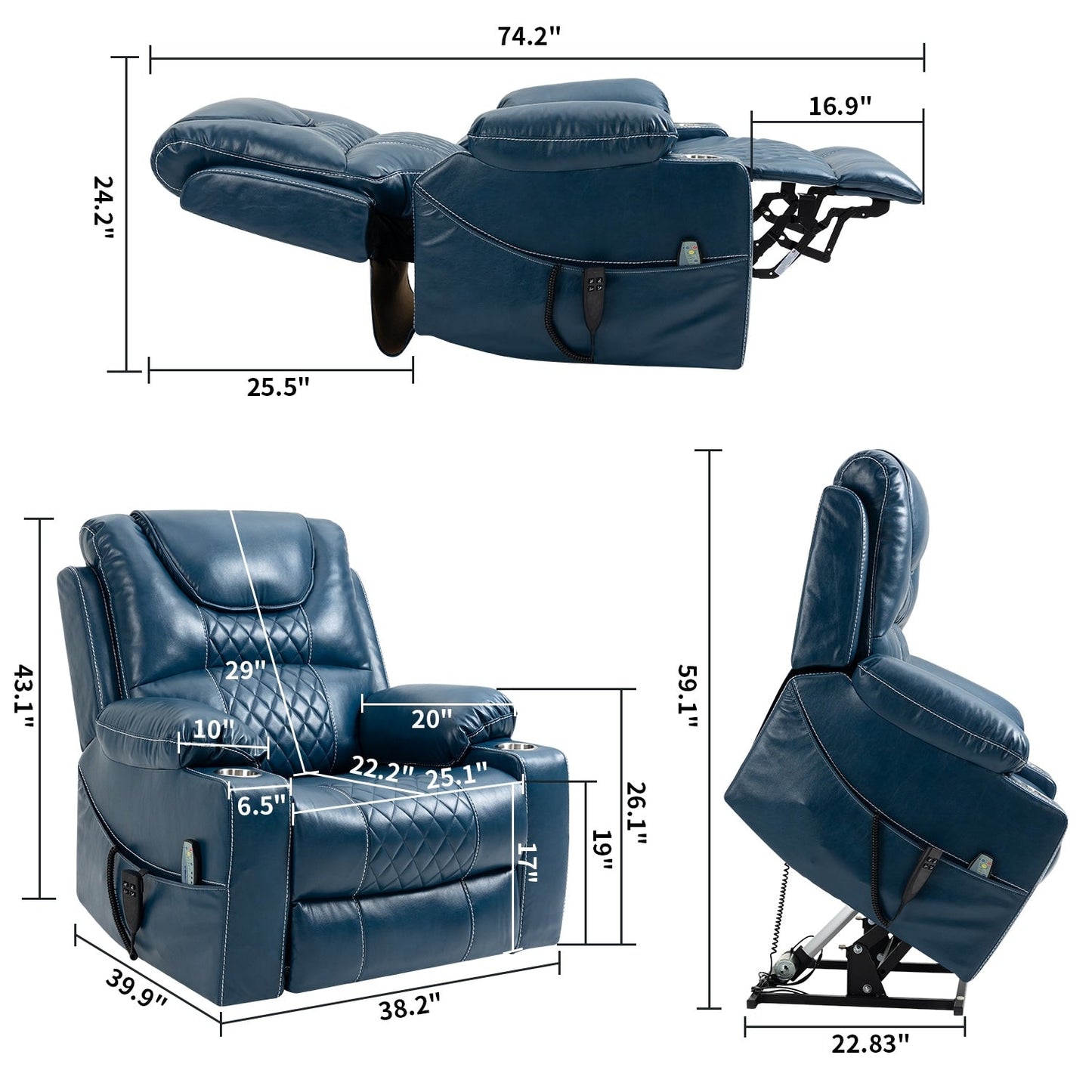 Fauteuil inclinable surélevé en cuir PU avec massage, chauffage lombaire, porte-gobelets, dossier inclinable à 180°