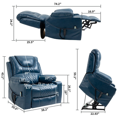 Fauteuil inclinable surélevé en cuir PU avec massage, chauffage lombaire, porte-gobelets, dossier inclinable à 180°