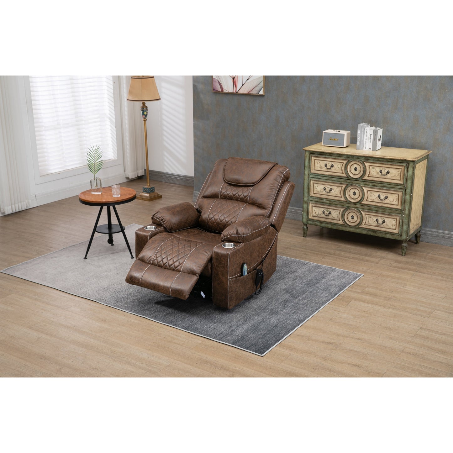 Fauteuil inclinable surélevé en cuir PU avec massage, chauffage lombaire, porte-gobelets, dossier inclinable à 180°