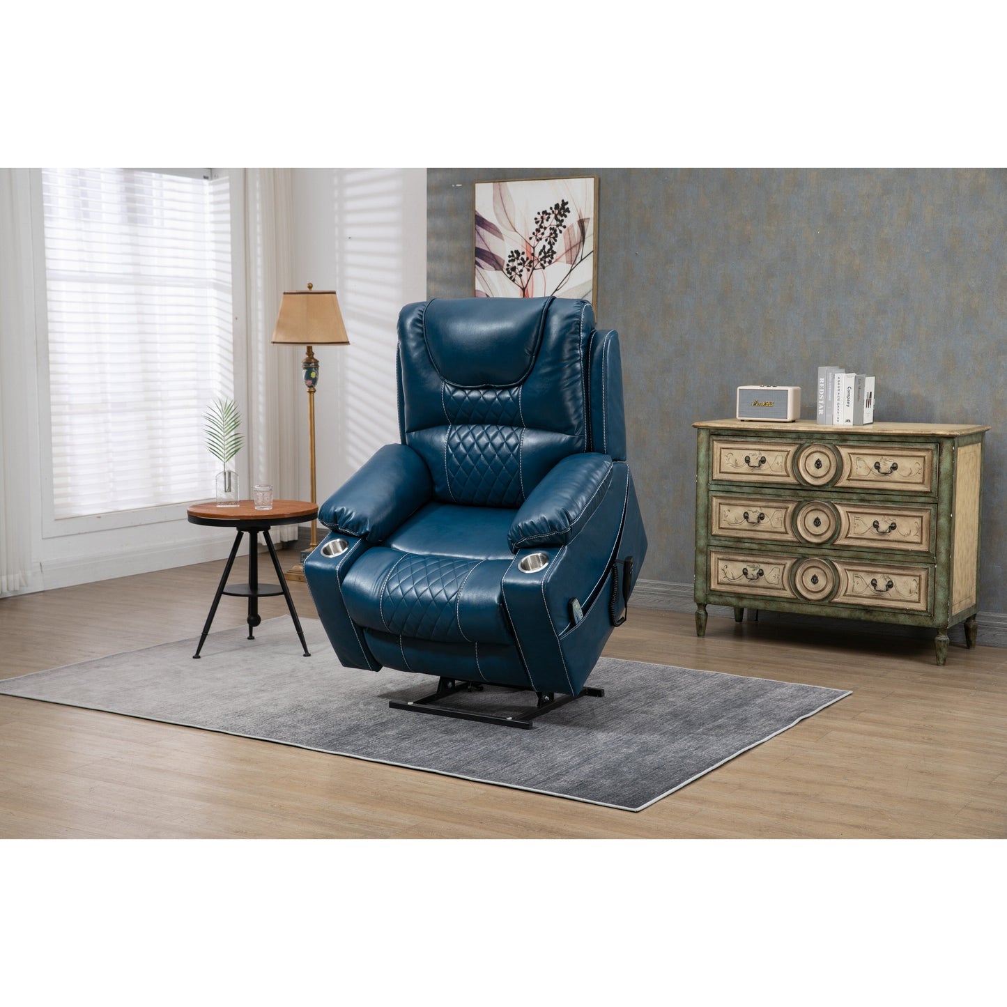 Fauteuil inclinable surélevé en cuir PU avec massage, chauffage lombaire, porte-gobelets, dossier inclinable à 180°