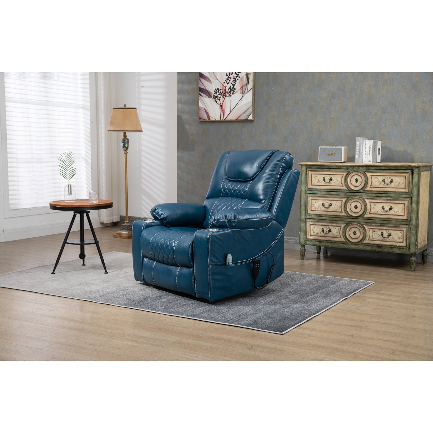 Fauteuil inclinable surélevé en cuir PU avec massage, chauffage lombaire, porte-gobelets, dossier inclinable à 180°