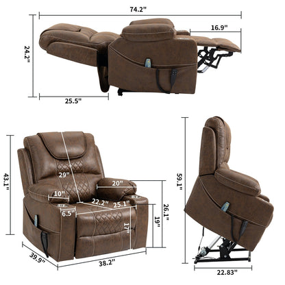Fauteuil inclinable surélevé en cuir PU avec massage, chauffage lombaire, porte-gobelets, dossier inclinable à 180°