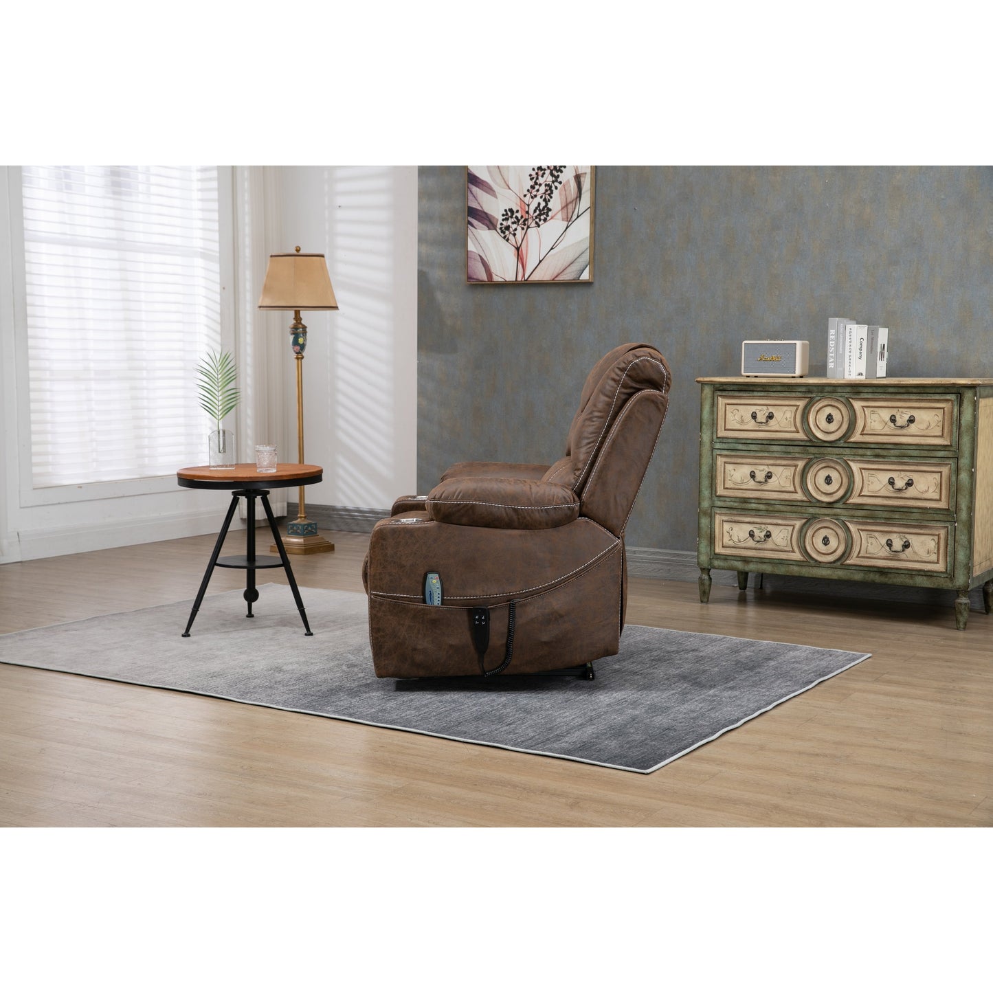 Fauteuil inclinable surélevé en cuir PU avec massage, chauffage lombaire, porte-gobelets, dossier inclinable à 180°