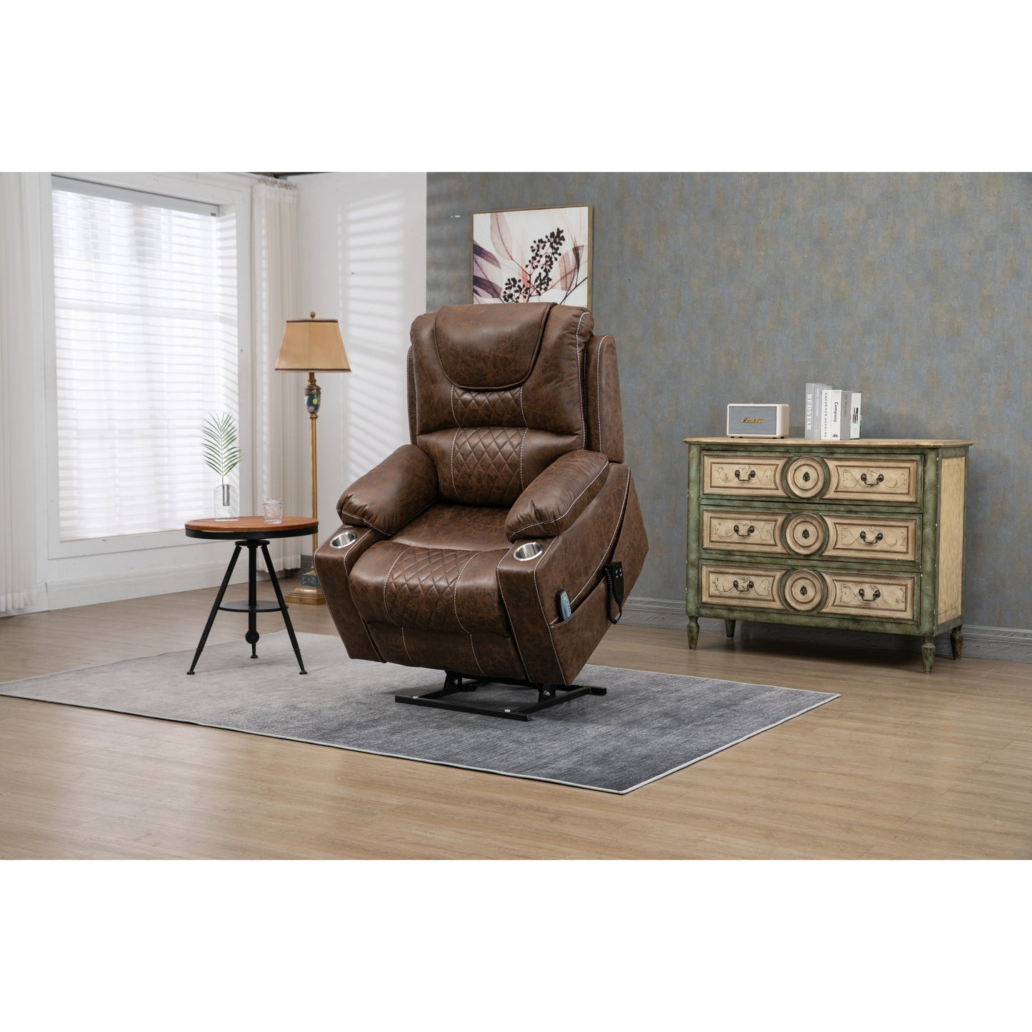 Fauteuil inclinable surélevé en cuir PU avec massage, chauffage lombaire, porte-gobelets, dossier inclinable à 180°