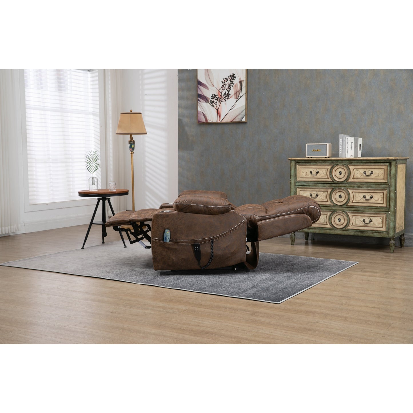 Fauteuil inclinable surélevé en cuir PU avec massage, chauffage lombaire, porte-gobelets, dossier inclinable à 180°