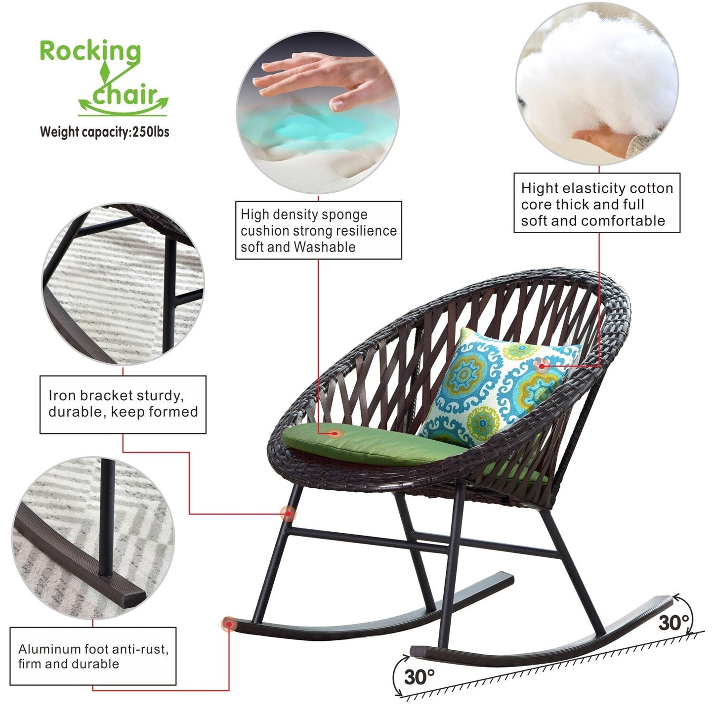 OVIOS Ensemble Bistro 3 pièces pour Patio avec Fauteuils Berçaux et Table Basse en Verre