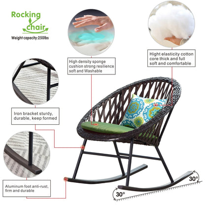 OVIOS Ensemble Bistro 3 pièces pour Patio avec Fauteuils Berçaux et Table Basse en Verre